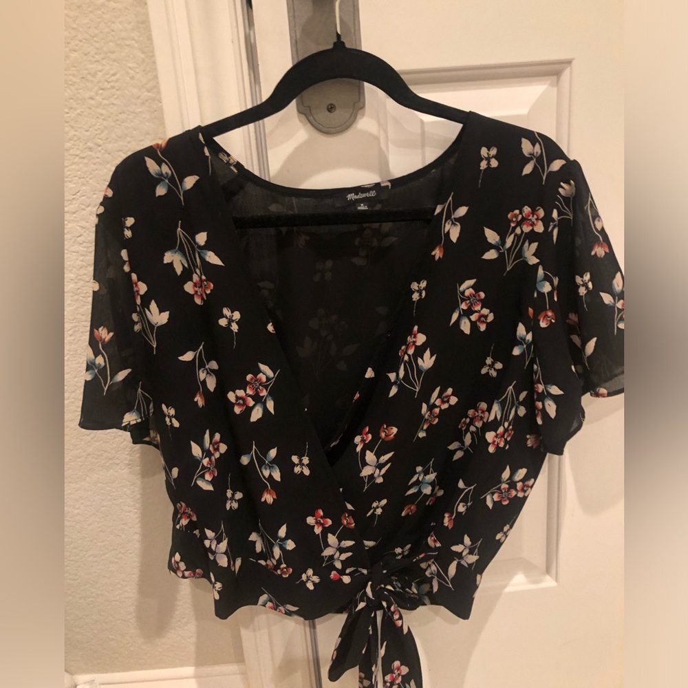 Madewell Black Floral Wrap Top